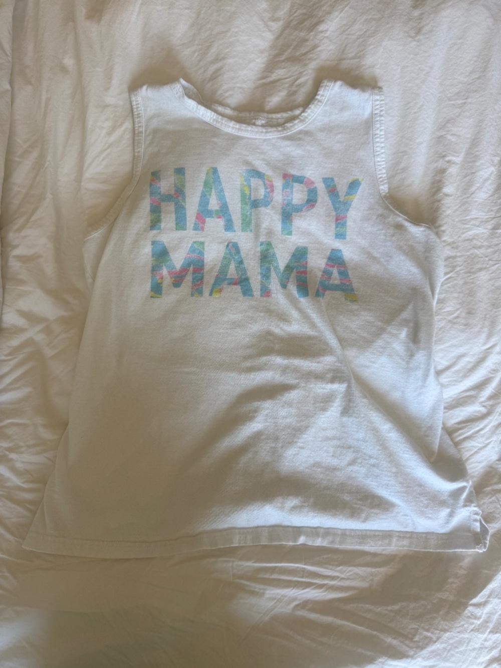Happy Mama muscle tank white with multi color lettering L Grayson Threads